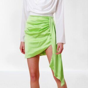 Line and Dot Lizzy Lime Green Satin Asymmetrical Draped Mini Skirt, XS NWT